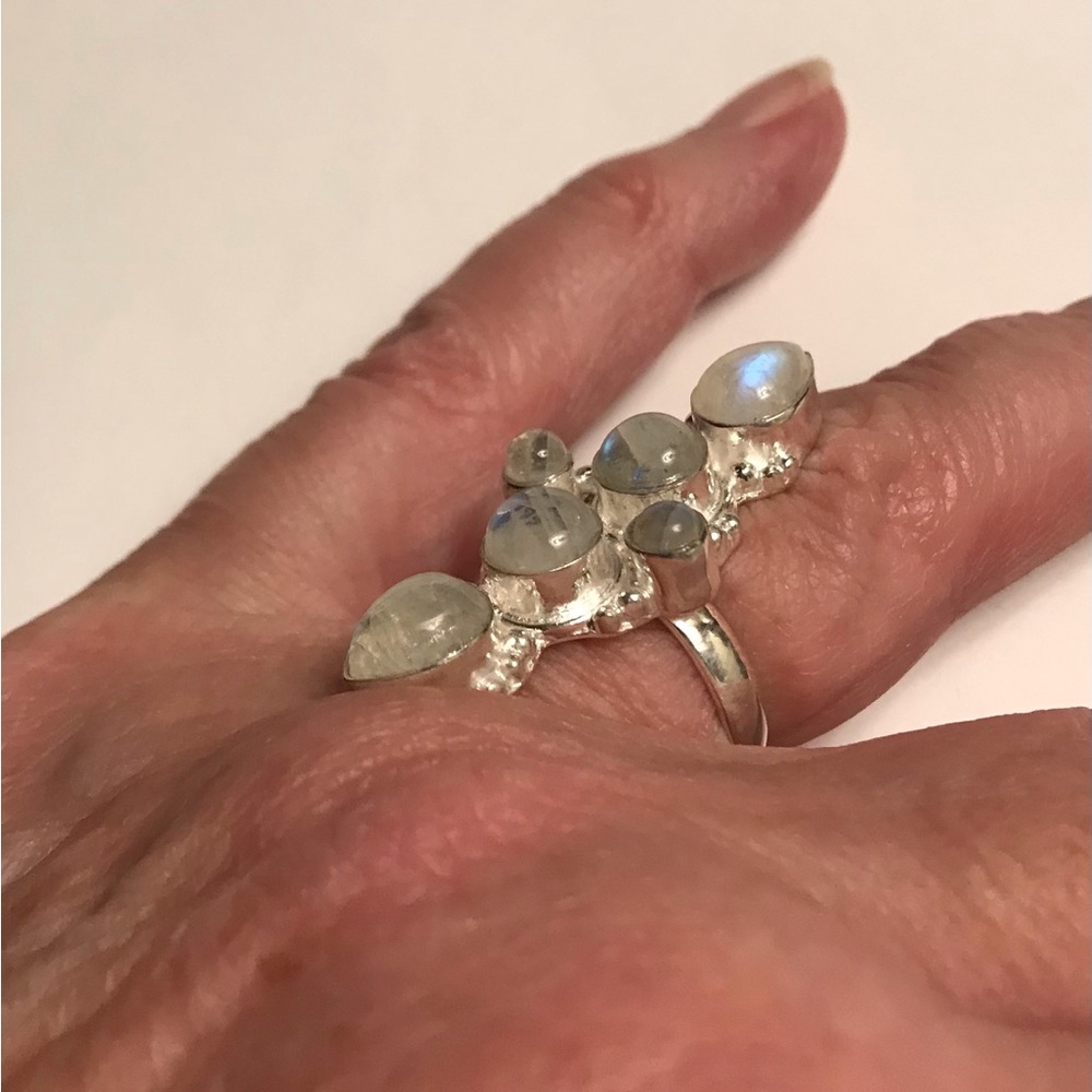 Rainbow Fire Moonstone Stamped 925 Sterling Silver Ring